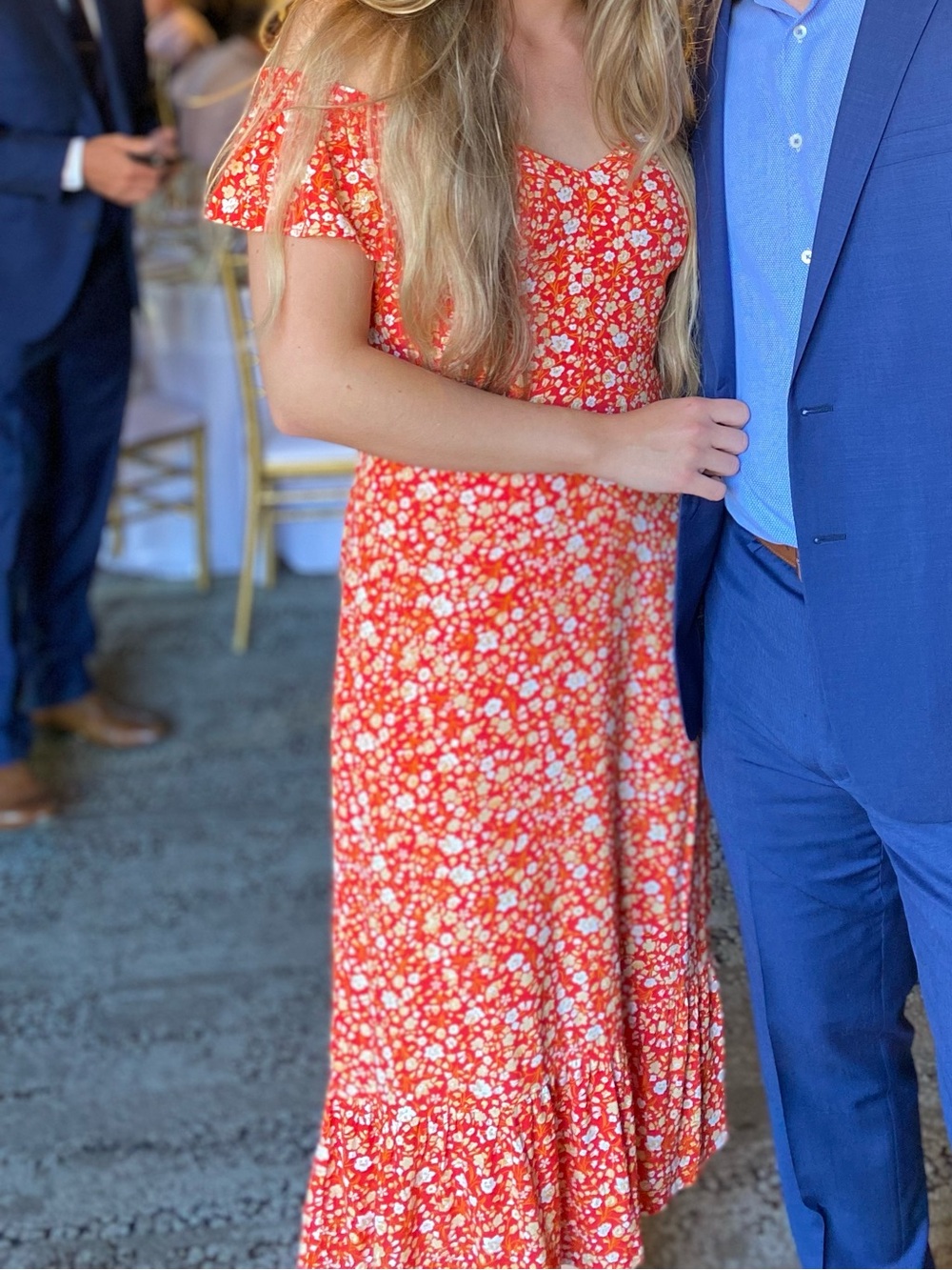 Lulu's Red Floral Midi Dress with Puff Sleeves